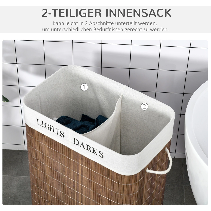 Outsunny Wäschekorb 2 große Fächer, Bambusschale Braun, Weiß