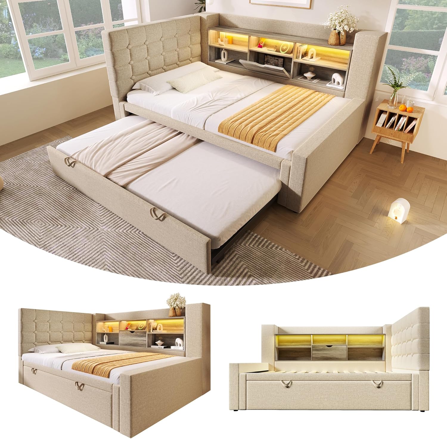 Polsterbett Bett 90x200cm,und LED-Beleuchtung,Struraumbett, L-förmigem Kopfteil mit Stauraum, beidseitig montierbar,Lattenrost, Leinen Ohne Matratze (Beige mit Ausziehbett 90x190, 90×200cm) WI0874904