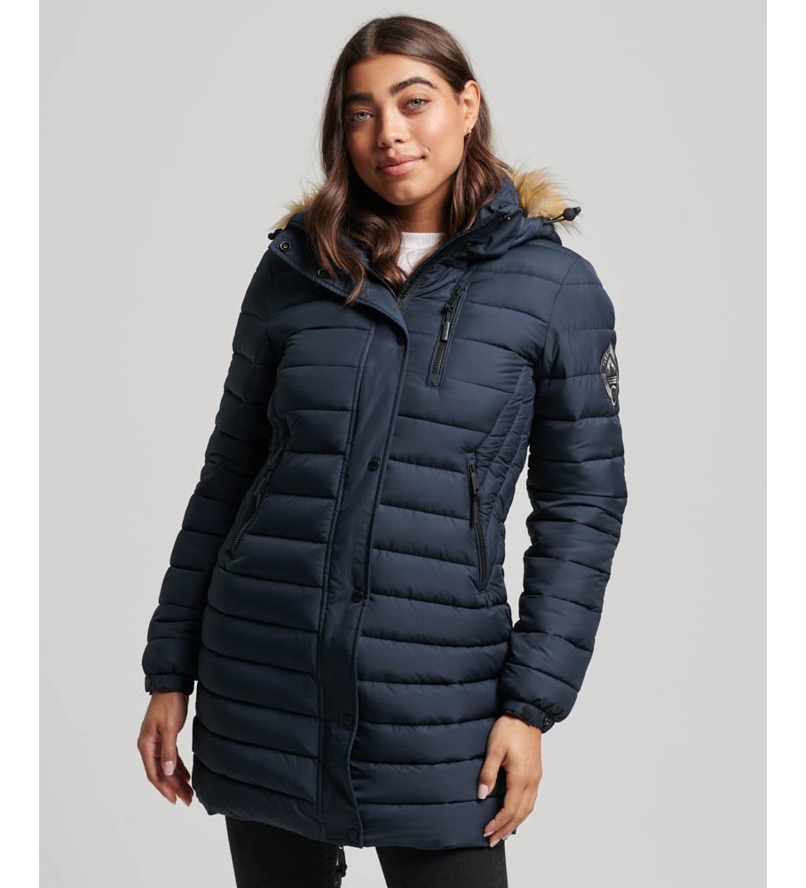 Casaco acolchoado com capuz Superdry Fuji de comprimento médio, azul marinho