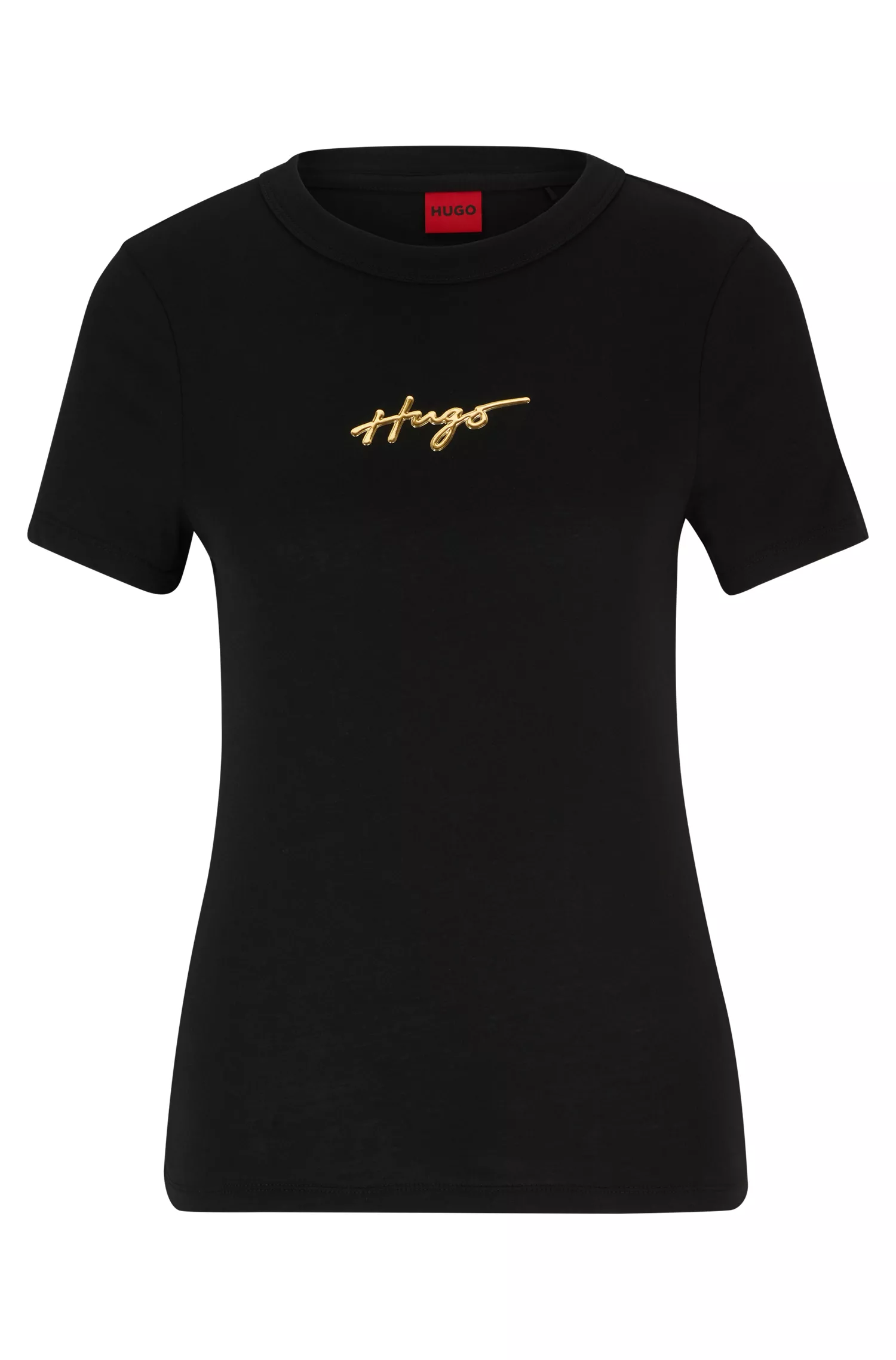 Camiseta HUGO vermelha em malha de algodão com logotipo manuscrito com efeito metálico