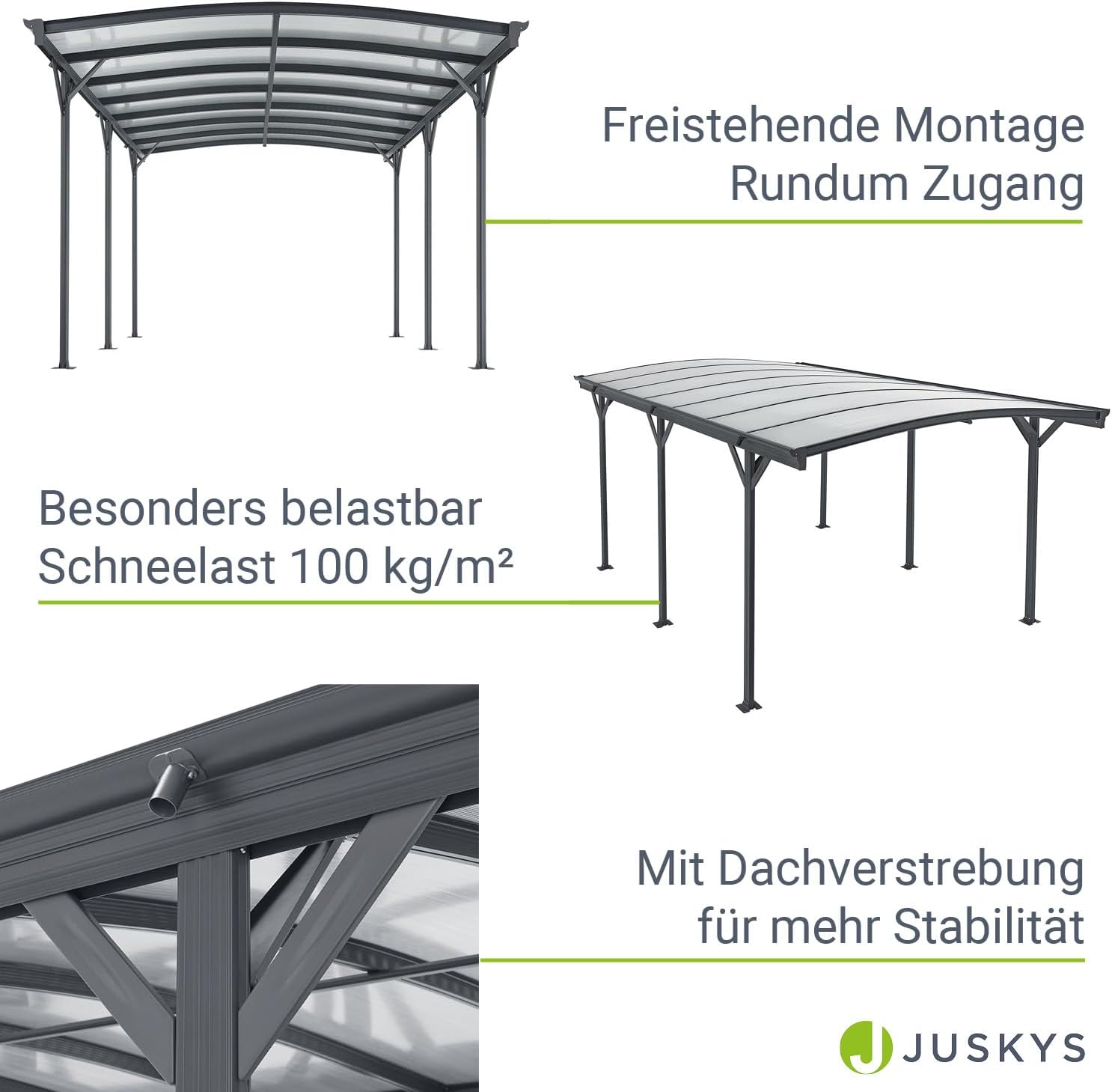Juskys Carport mit Bogendach 5x3 m - Überdachung aus Aluminium mit Doppelstegplatten - Unterstand für Autos - freistehende Montage - Dunkelgrau