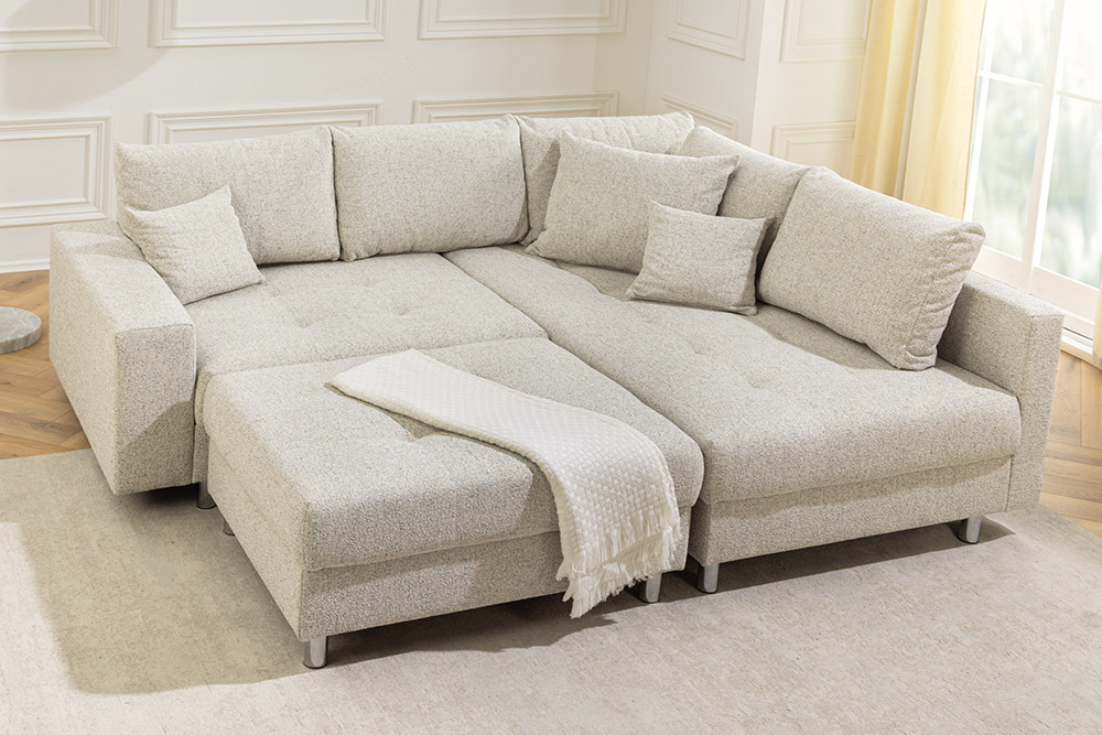 Moderne Wohnlandschaft KENT 220cm beige Strukturstoff  Ecksofa Federkern inkl. Hocker