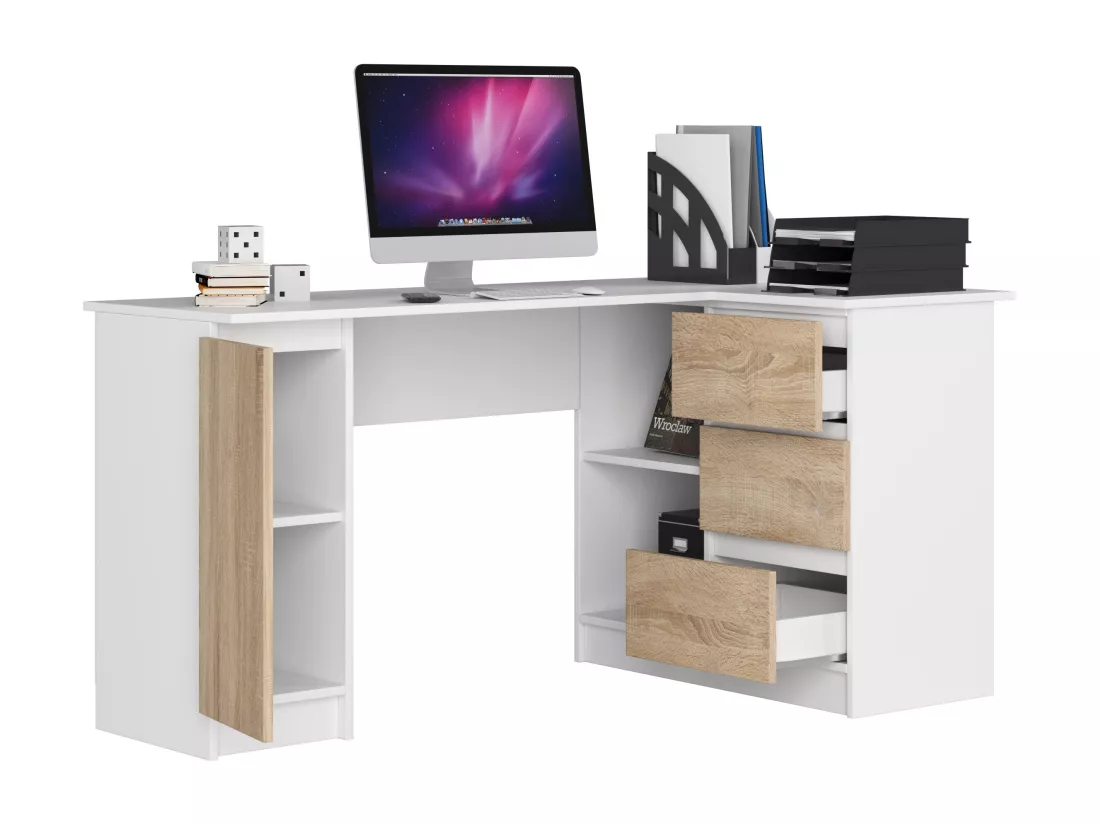 Grand bureau d'angle AKORD droit B20 Blanc 155 cm 1 porte 3 tiroirs façade Chêne Sonoma 4 étagères 155x85x77 cm