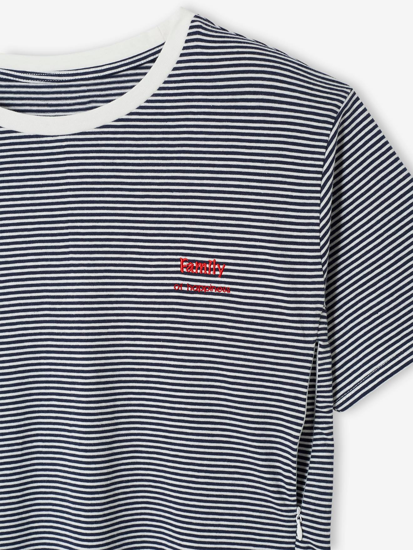 Camiseta listrada para gestantes e lactantes, personalizável, tamanho médio, em algodão listrado vermelho.