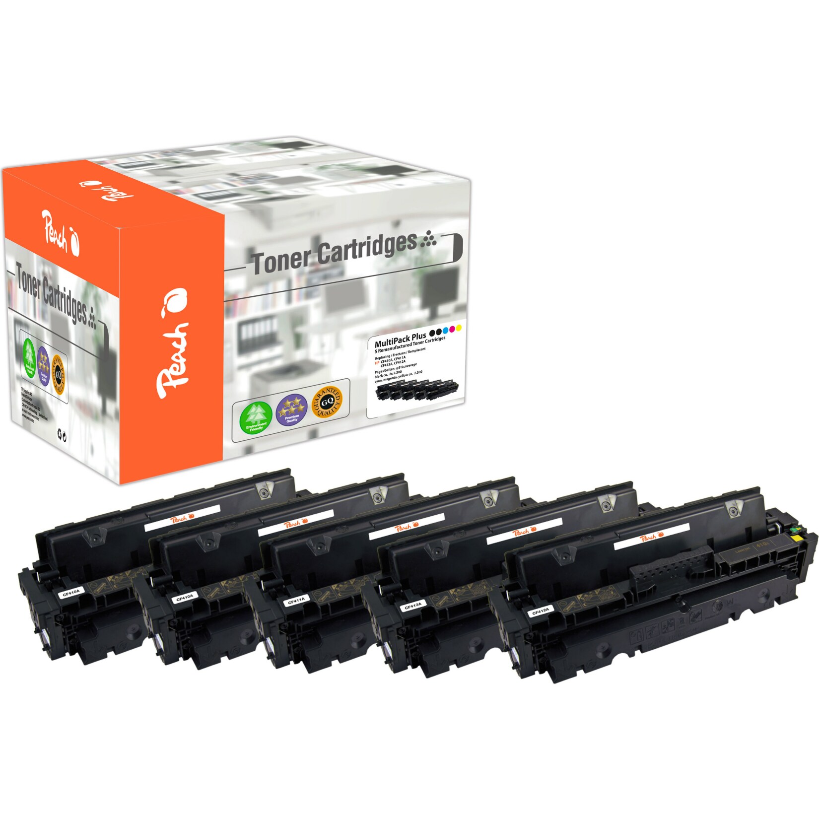 Peach HP 410 A 5 Toner (2*bk, c/m/y) ersetzt HP No. 410A, CF410A*2, CF411A, CF412A, CF413A für z.B. HP Color LaserJet Pro M 452 nw (wiederaufbereitet)