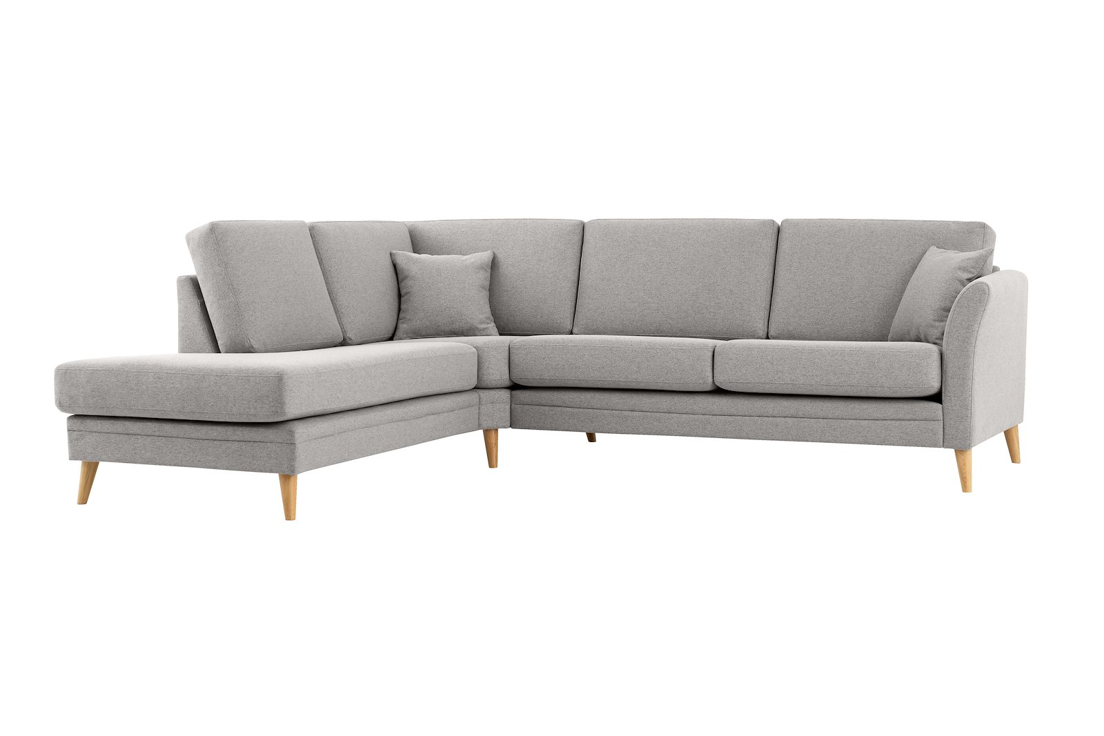 Eden hjørnesofa 2,5-seter med åpen ende venstre. Tekstil Neve 3 Grey med ben i eik natur (15137).