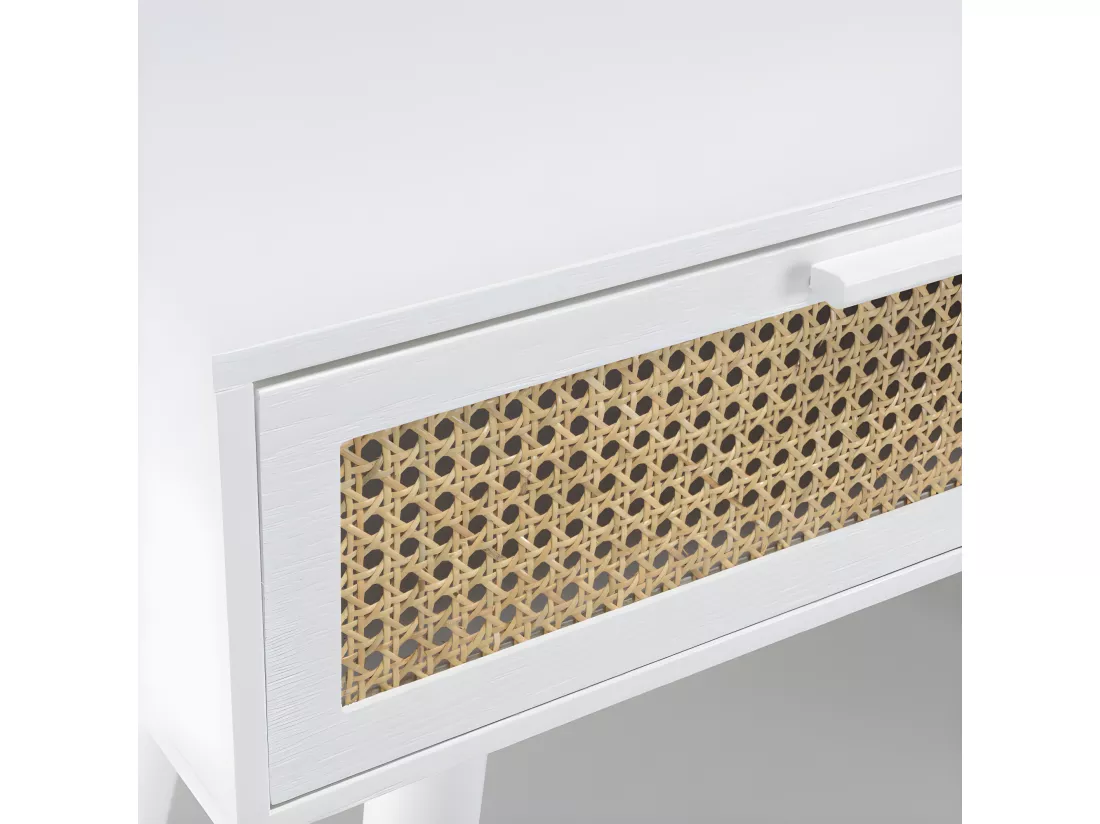 SANDRO - Console blanche 2 tiroirs cannage naturel