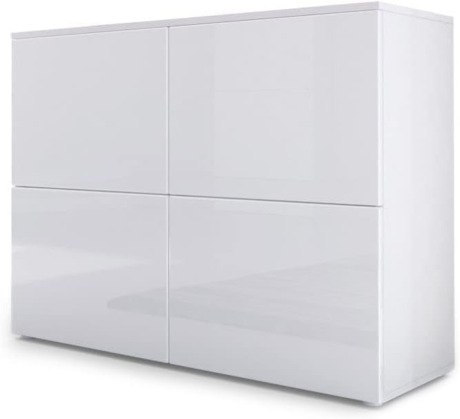 Vladon Sideboard Rova, Made in Germany, Kommode mit 4 Türen, Weiß matt/Weiß Hochglanz/Weiß Hochglanz (92 x 72 x 35 cm)