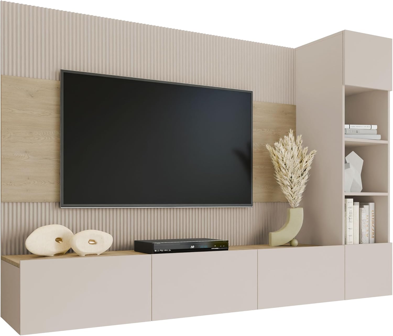 Mirjan24 Wohnwand Deromi, Anbauwand mit Wandpaneele und TV-Lowboard, Akustikplatten, Fernsehschrank, Schrankwand, Mediawand, TV-Lowboard (Sandbeige + Eiche Cremona, 1x Hängeregal)