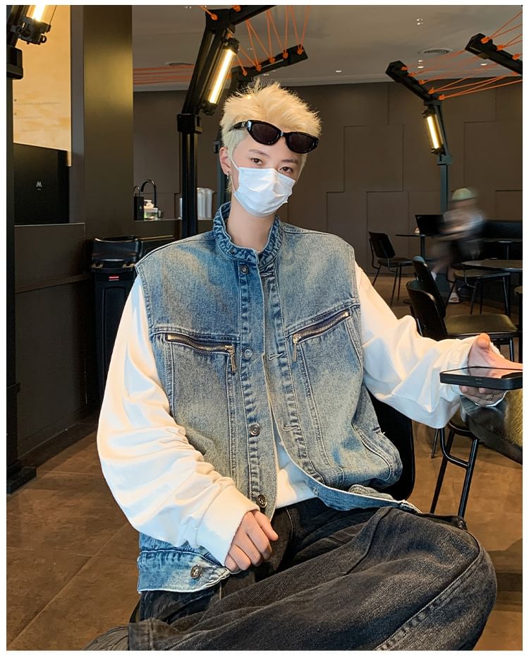 Hushgrain - Denim vest met opstaande kraag en knoopjes