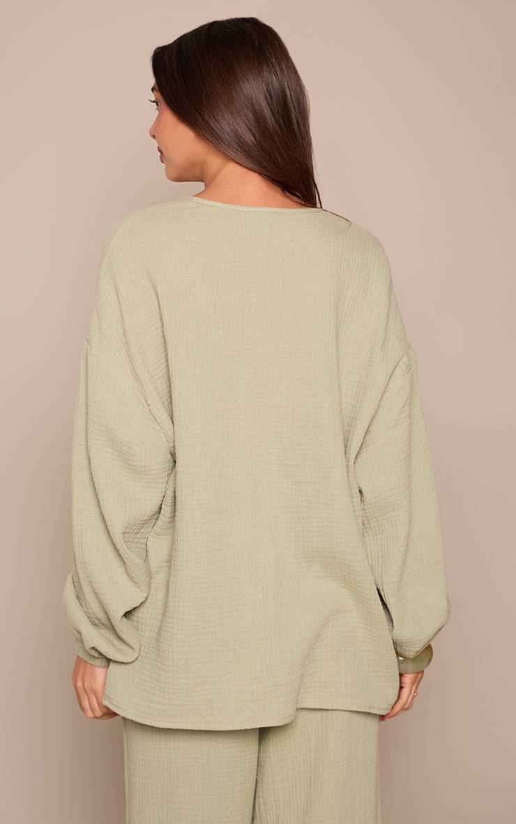 Vert Sauge Ensemble Chemise Texturée En Étamine À Nouer Devant