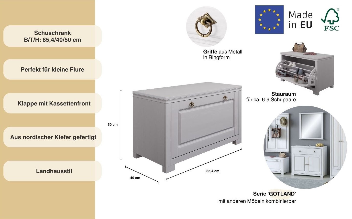 Home affaire Sitzbank »Gotland inkl. Schuhtrommel für ca. 6-9 Paar Schuhe« aus massiver Kiefer, FSC®-zertifiziert, Breite 85 cm