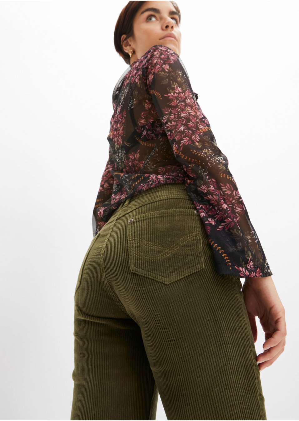 Pantalon velours côtelé extensible, Straight avec fente
