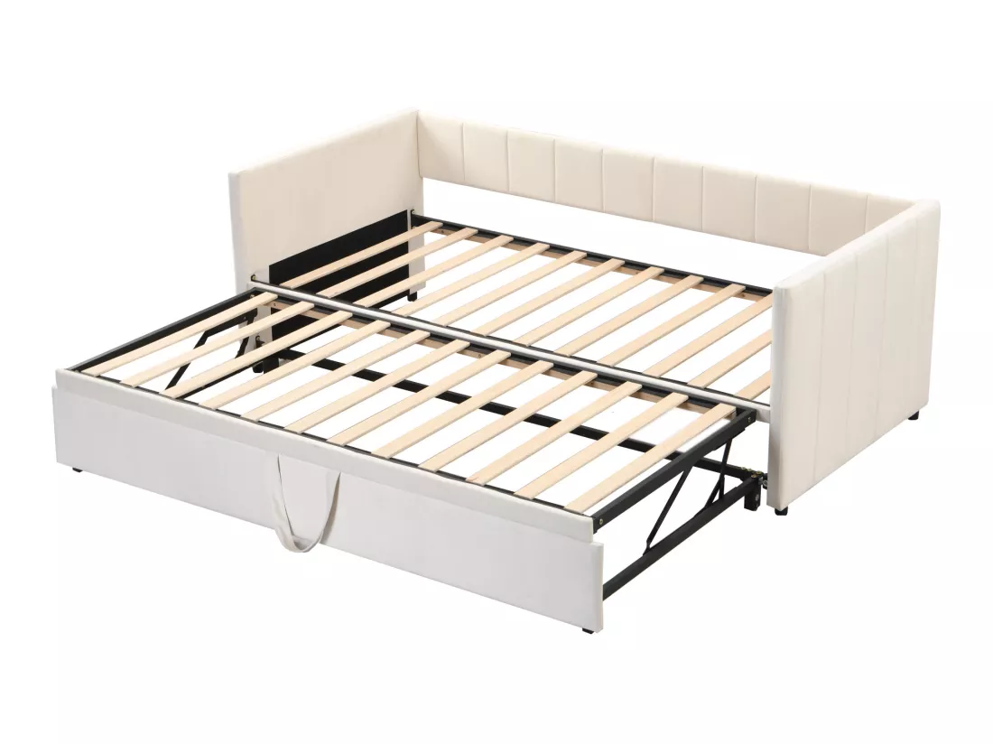 Lit gigogne 90 x 200 cm pour enfant - velours - sommier inclus - coloris beige