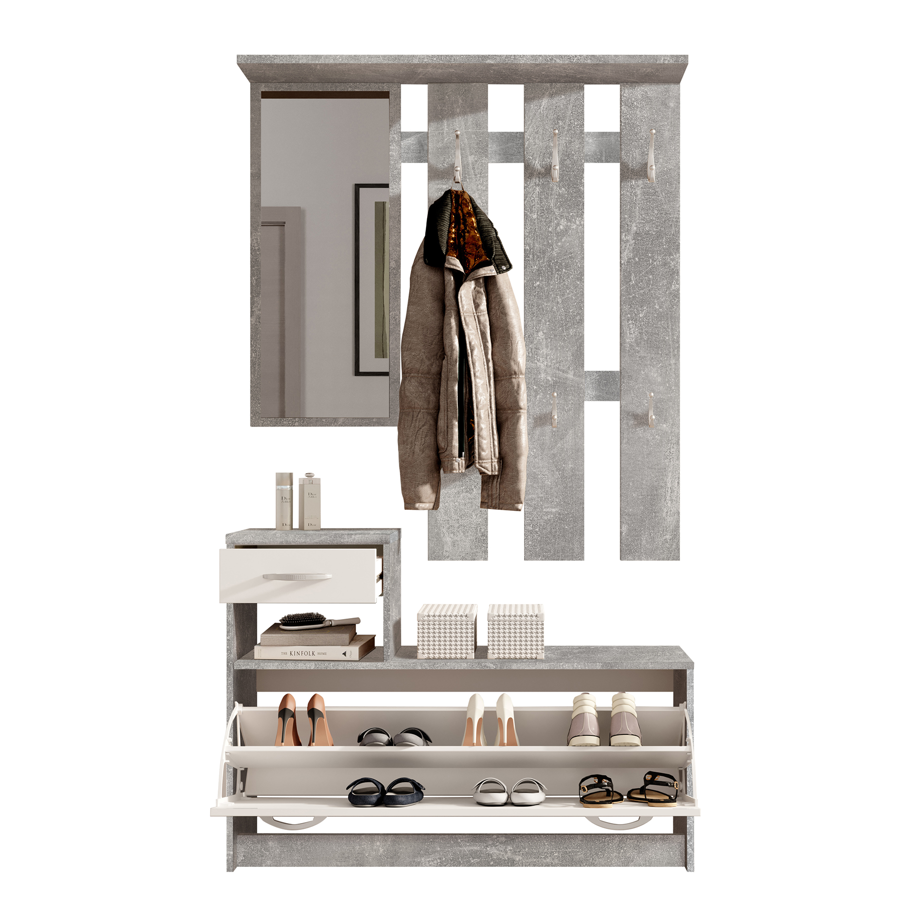 Garderobe - Betonoptik-weiß - mit Schubkasten