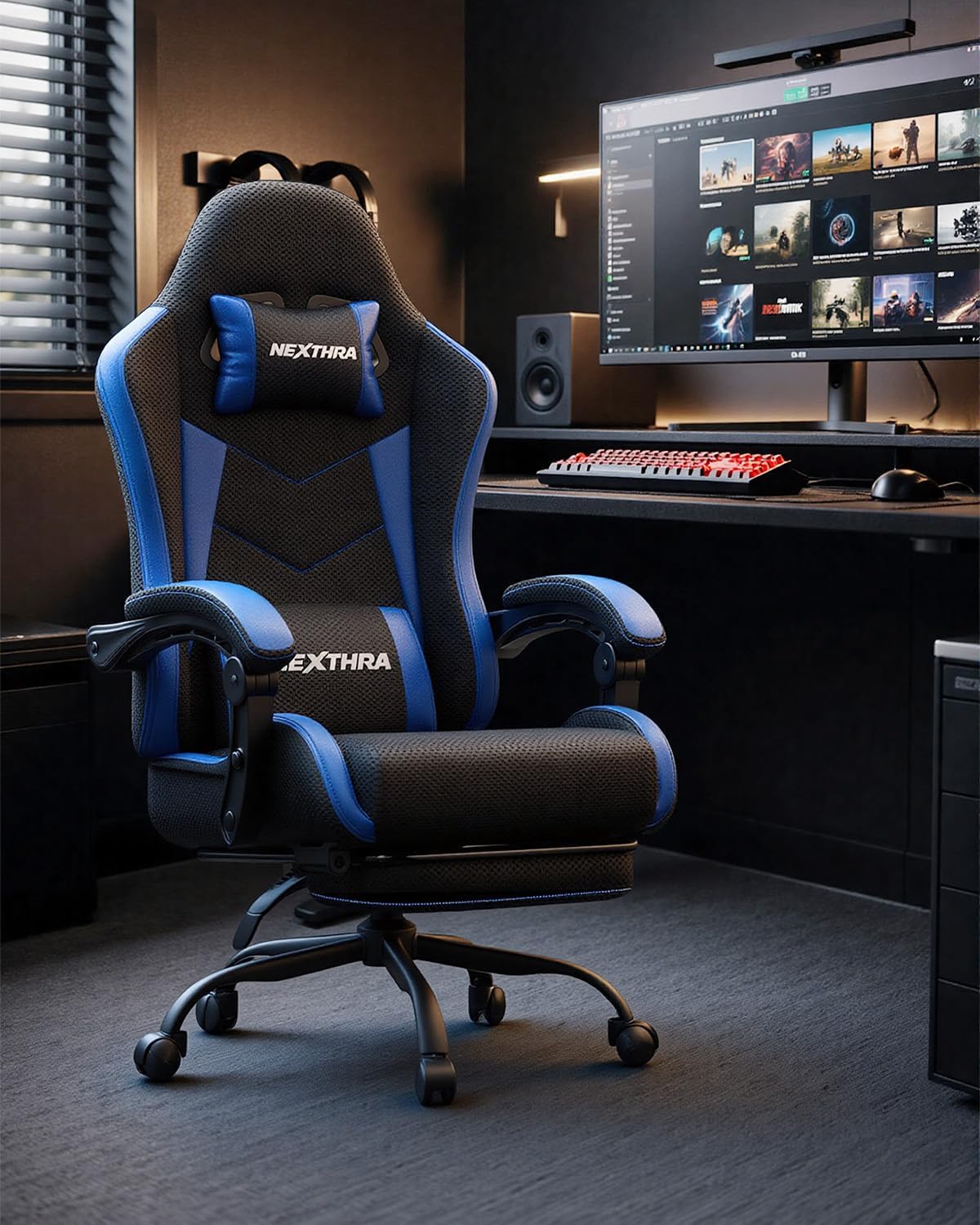 Nexthra Gaming Stuhl Bürostuhl Gaming Sessel mit höhenverstellbaren Linkage-Armlehnen, ergonomischer Gamer Stuhl mit Fußstütze, gepolstert Gaming Chair 150° neigbar bis 180 kg, Blau