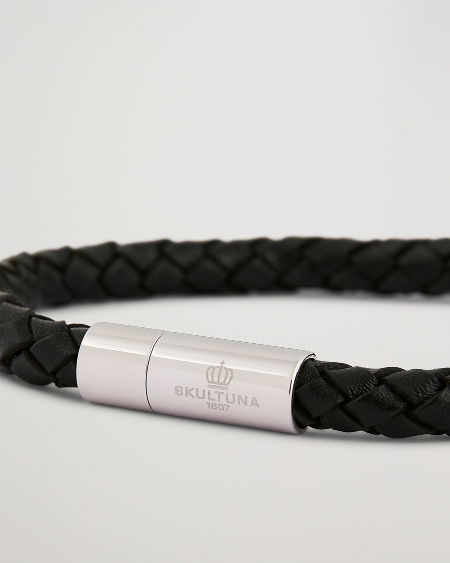 Skultuna One Row Leather Bracelet Black Steel