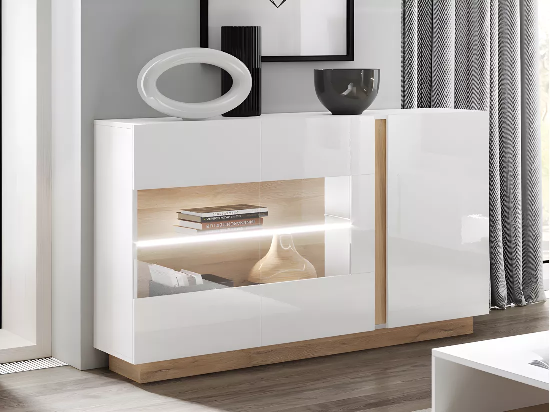 Buffet MURARI - 3 portes - Avec LEDs - Blanc brillant et chêne