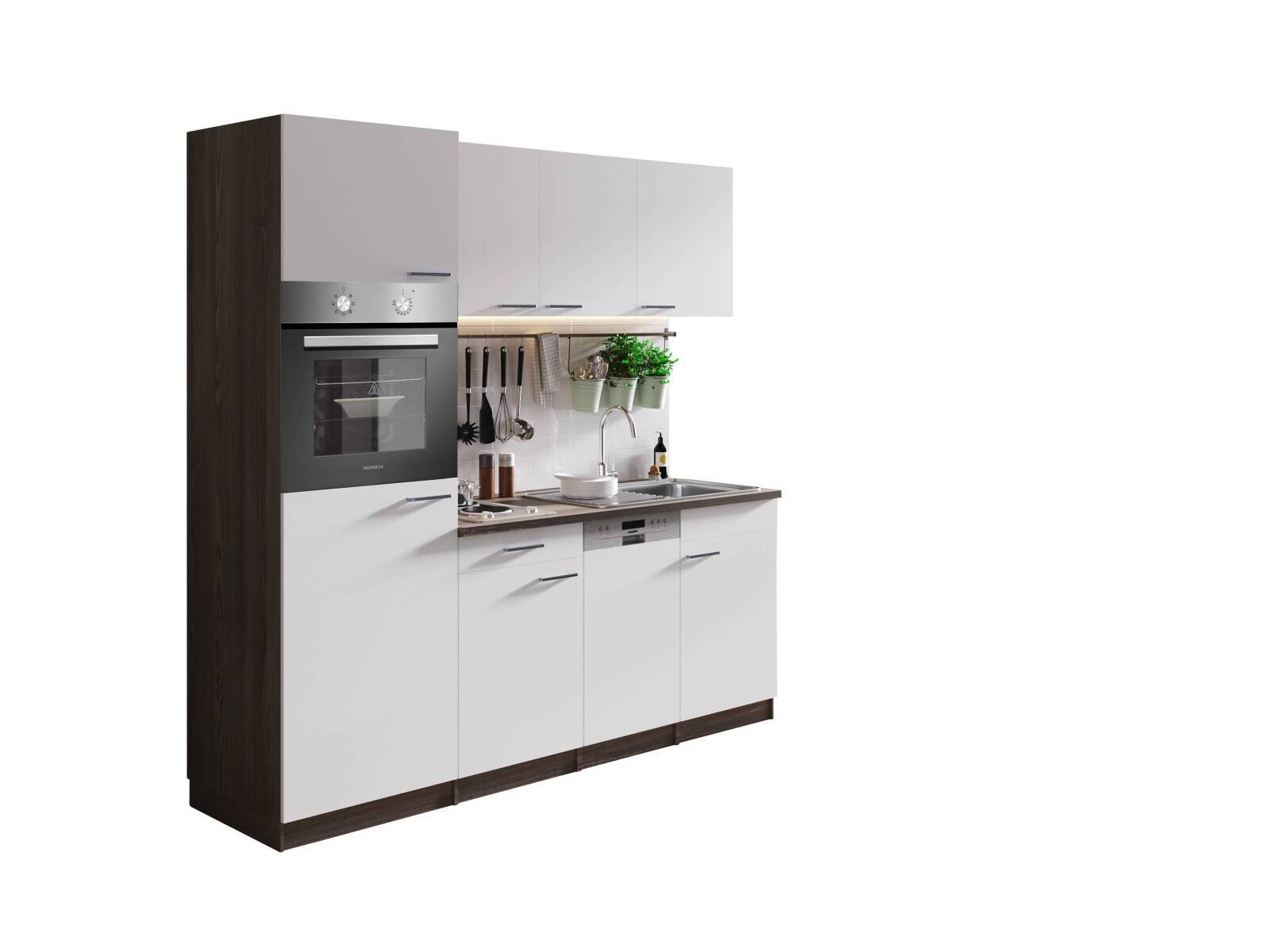 RESPEKTA Singleküche OLIVER - weiß - Eiche York - mit E-Geräten - 205 cm