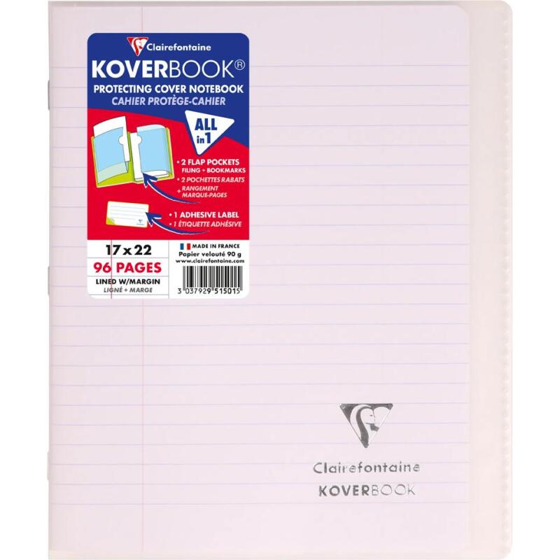 Cahier piqué Koverbook 17x22cm 96 pages ligné + marge couverture polypropylène transparent - Assortis