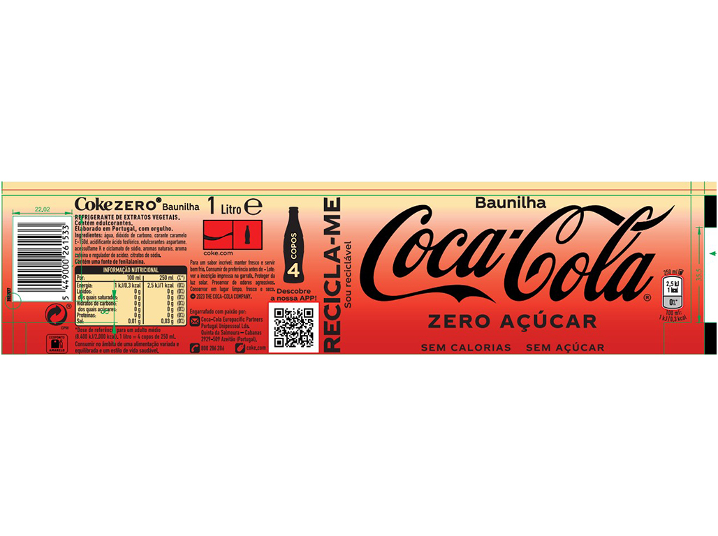 REFRIGERANTE C/ GÁS COCA-COLA ZERO BAUNILHA 1L