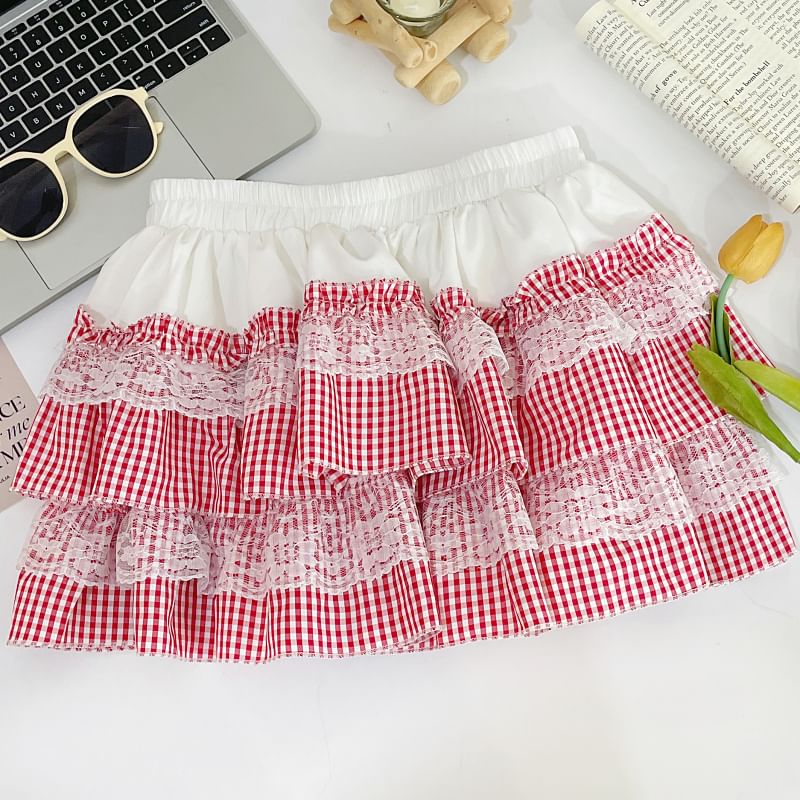 Iasia - Mini A-lijn rok met elastische taille en ruitjeskant