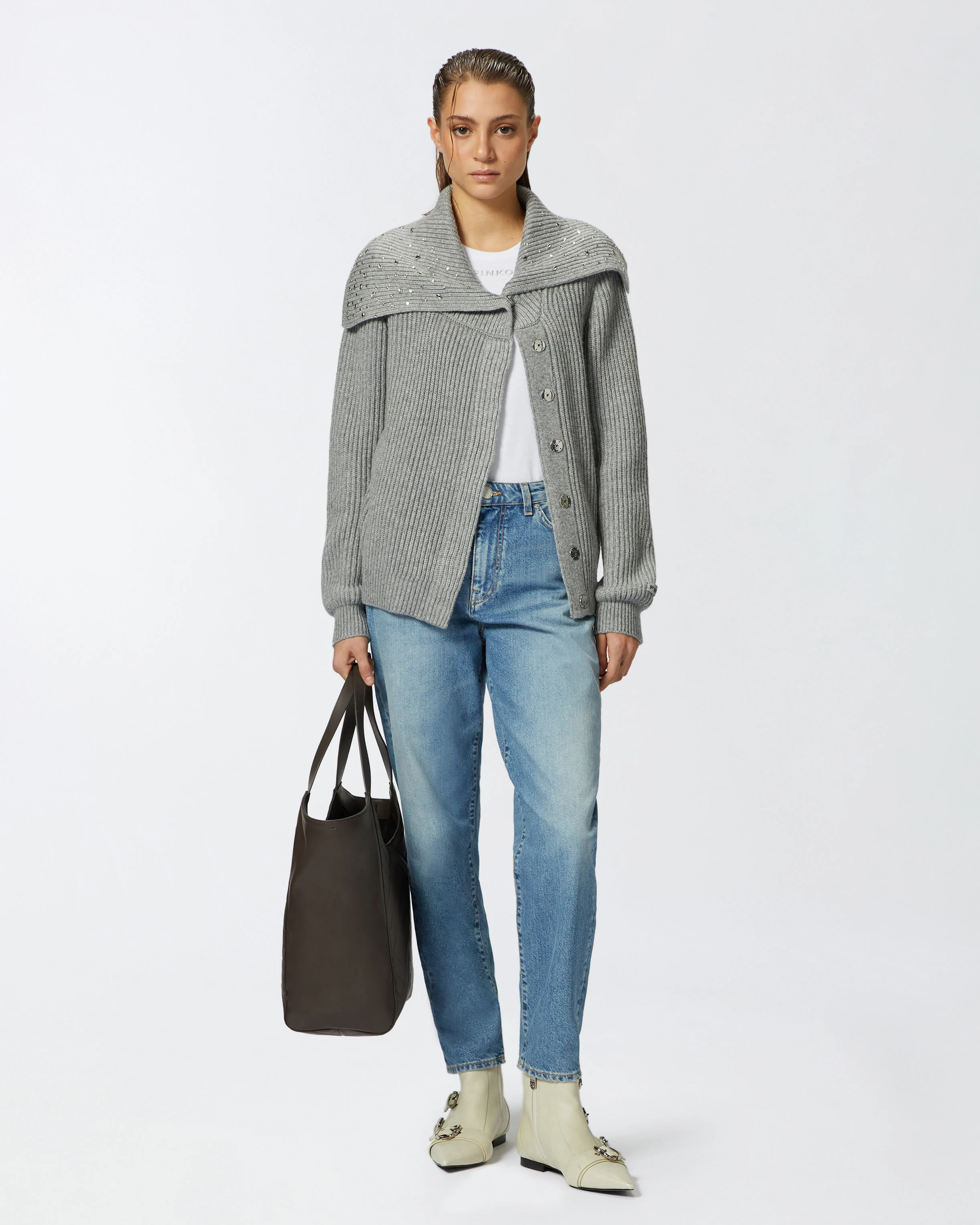 Cashmere-blend turtleneck cardigan with crystals | Argent