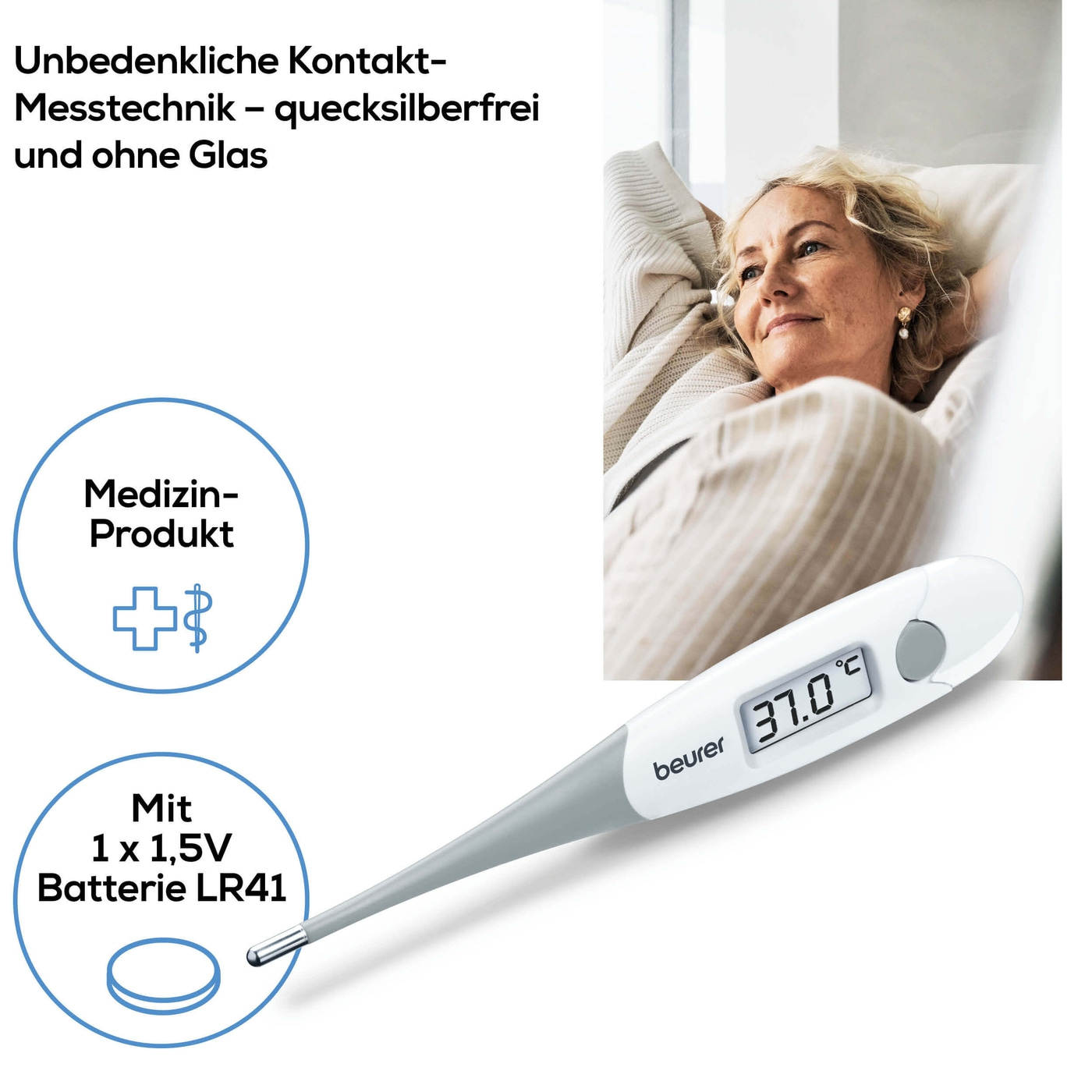 FT 15/1 Express Thermometer Fieberthermometer Temperatur Messgerät (°C/°F) inkl. Batterie (79410) - Weiss