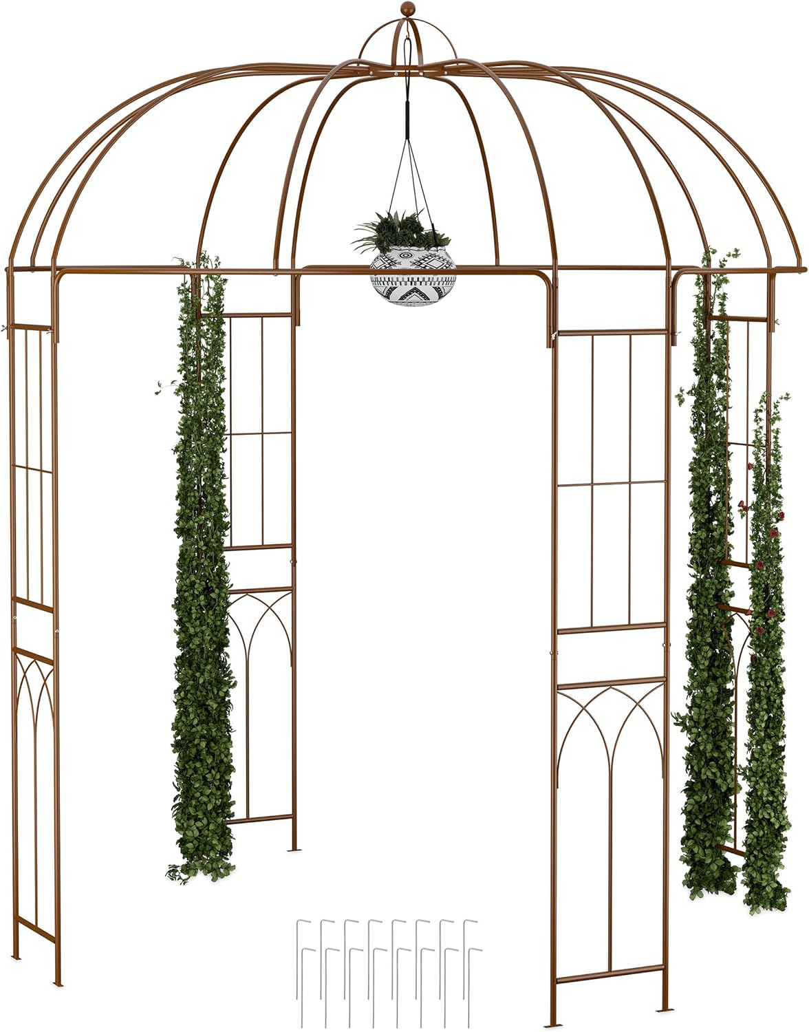 Relaxdays Rosenpavillon Metall, HBT 269 x 211 x 211 cm, Rankhilfe Kletterpflanzen, Garten, Rankpavillon mit Haken, braun