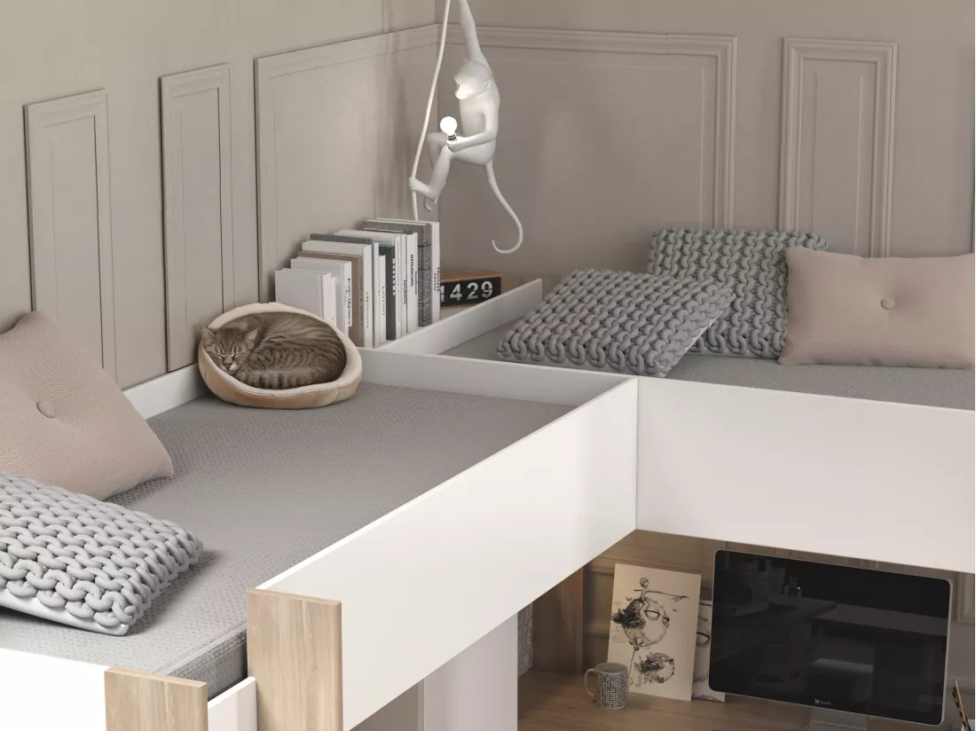 Double lit mezzanine d'angle 2 x 90 x 200 cm - Avec rangements et bureaux - Blanc et naturel - LASCANO