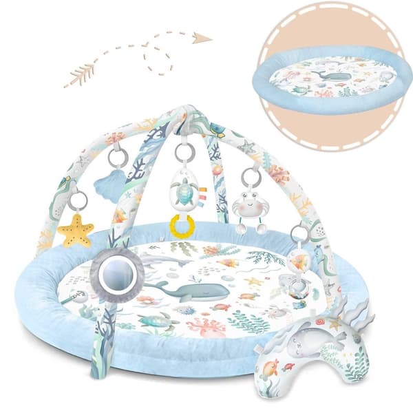 Interaktiv Babymatte Ocean⭐⭐⭐⭐⭐ for design og komfortHOVEDFUNKSJONER:- 7 multifunksjonelle leker- Dedikert pute for magestilling- Rask og enkel å bret