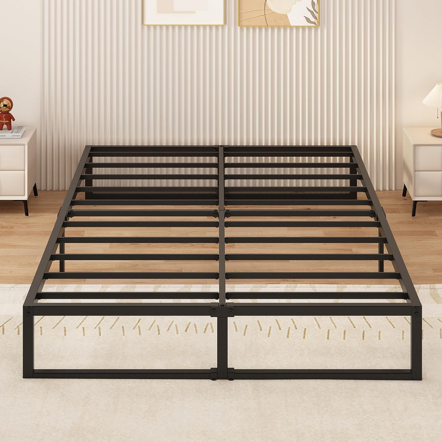 Metallbett 140x200 cm, Metallbettgestell Doppelbett mit Stahllattenstütze, Einfach zu Montieren, Geräuschlos, Kein Boxspringbett Erforderlich, 30cm Hoch, Schwarz