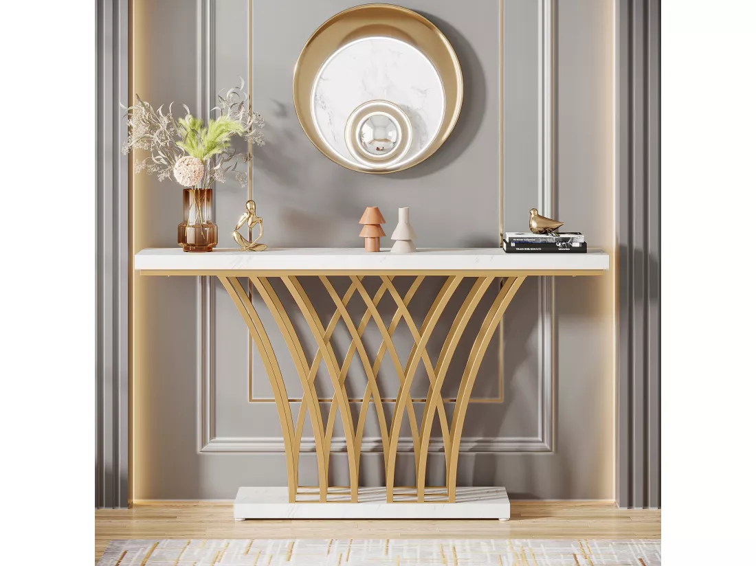 Tribesigns Table Console dorée - 150 x 29,5 x 80 cm - Moderne - avec Pied en métal en Forme de Grille - pour entrée, Couloir, entrée, Salon (Blanc)