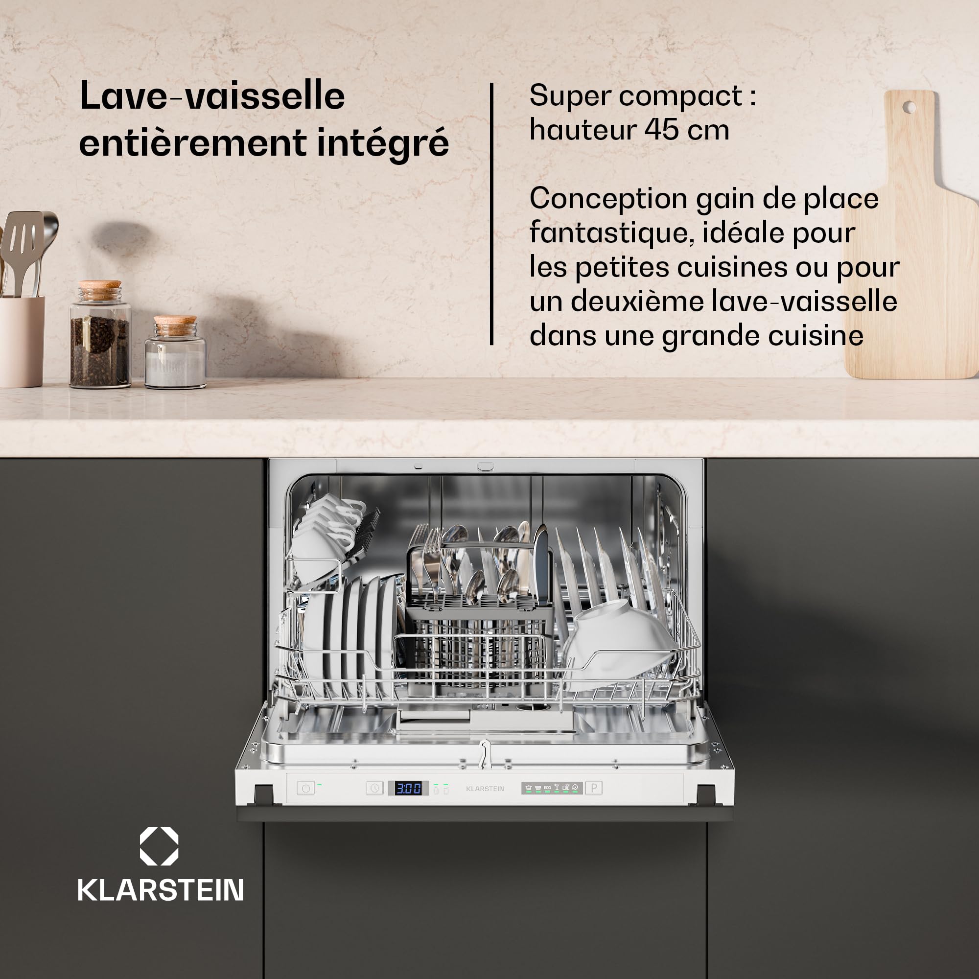 Klarstein Lave Vaisselle Encastrable - Compact 45 cm, 6 Couverts, Programme UV Hygiène, AquaStop Sécurité, Classe Énergie D, Silencieux 47 dB, Command