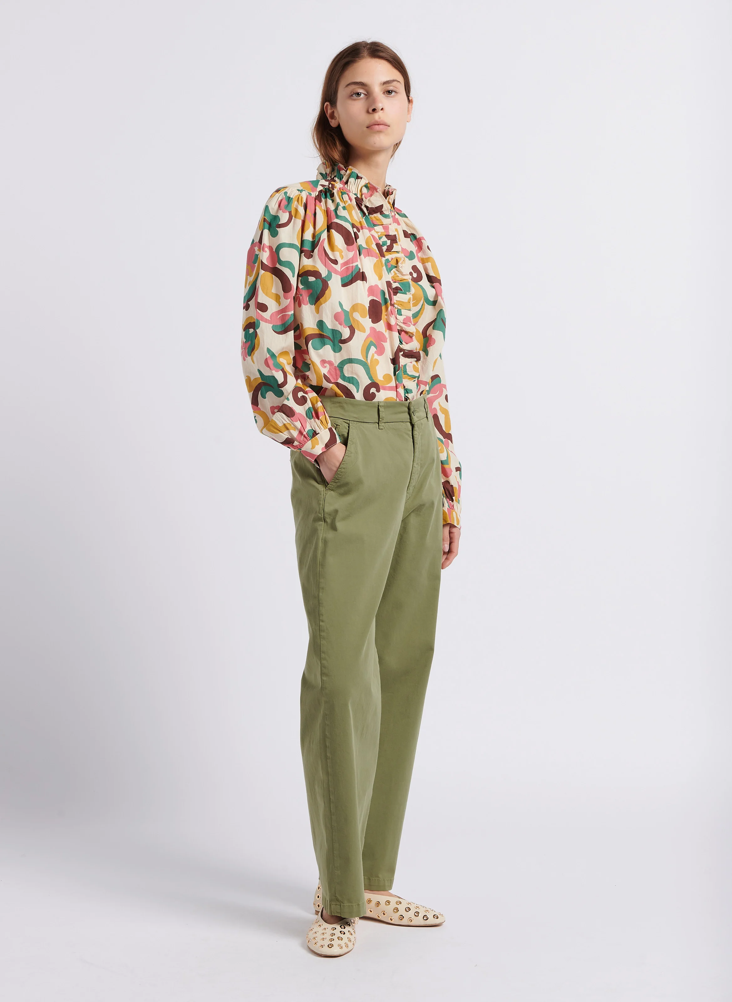 Pantalon chino en coton mélangé | Kaki