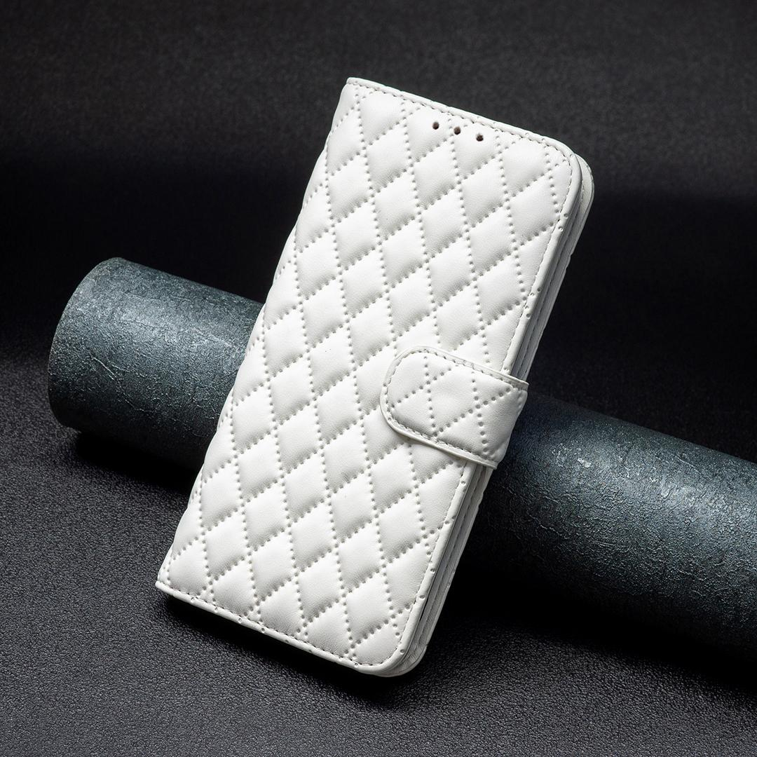 iPhone 13 Pro Leder Tasche Flip Cover Steppmuster - Weiss