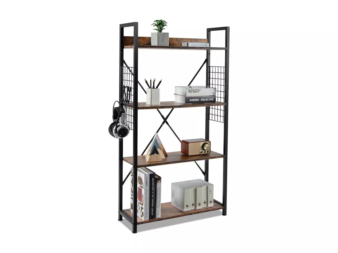 Bibliothèque industrielle à 4 niveaux, 64 x 24 x 119,5 cm, étagère de rangement avec crochets