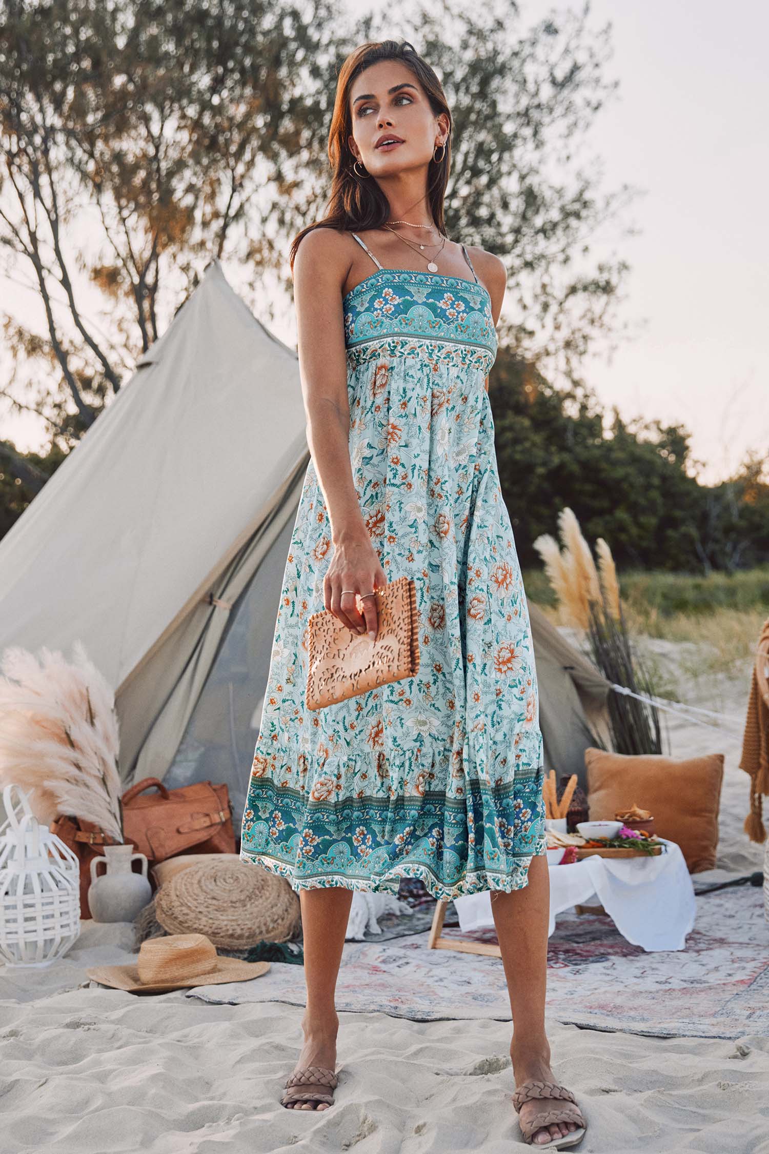 Robe maxi boho à col carré bleue