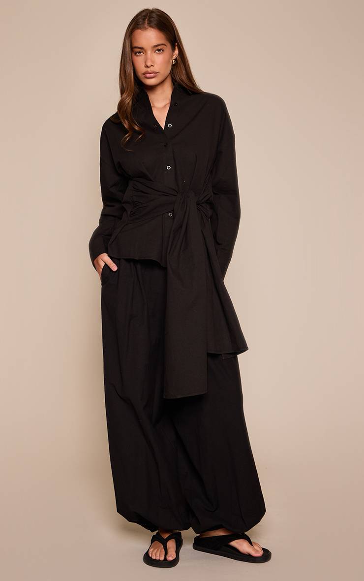 Noir Chemise En Mélange Coton Lin Avec Détail Cache-cœur