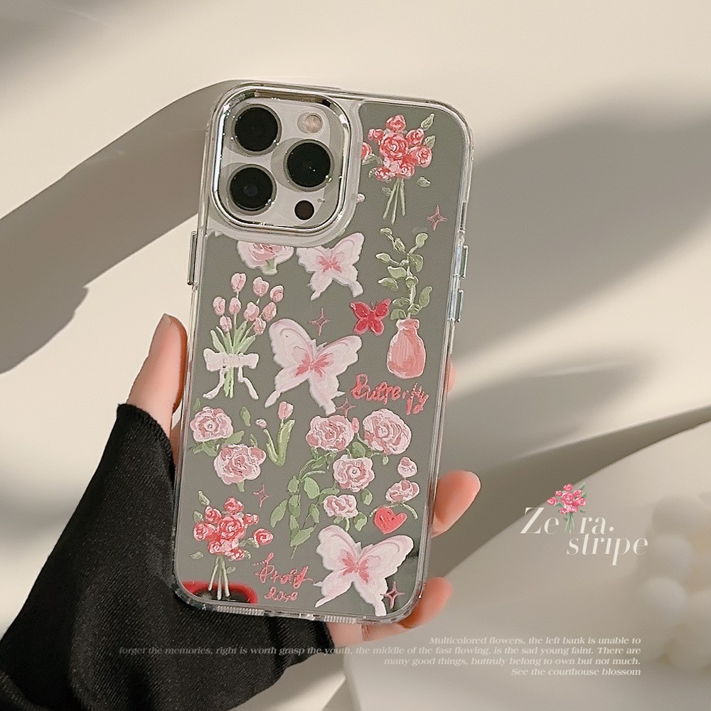 iPhone 13 Pro Galvanisierte Gummi Case Hülle mit Spiegel   Blumen Muster - Silber / Transparent