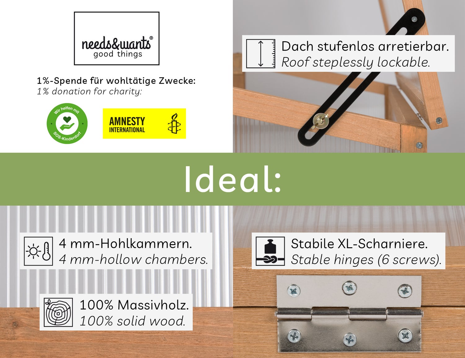 needs&wants® Kleine houten kweekbak, kweekbak met deksel, weerbestendige kas met deksel voor tuin, balkon, buitengebruik, polycarbonaat, bruin