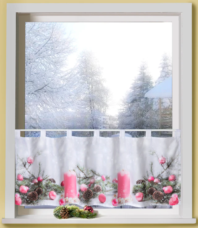 Weckbrodt Scheibengardine »Rosa Kerzen« Schlaufen 1 Stk. tlg. Bistro, Microsatin, Weihnachten, HxB 45x120cm, Gardine, Store