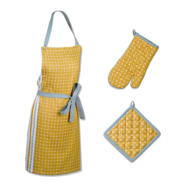 Kit tablier, manique et gant Svea jaune bleu Kela