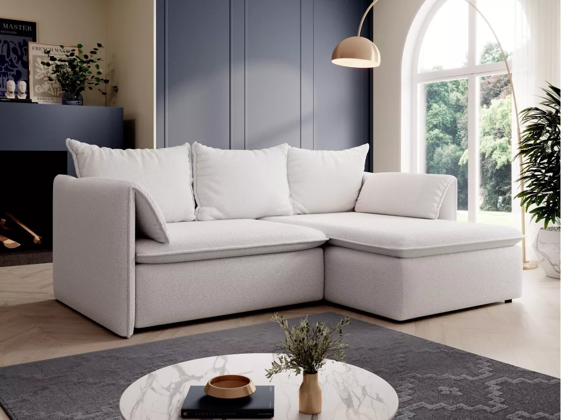 Canapé d'angle droit convertible en tissu texturé beige TEODORA