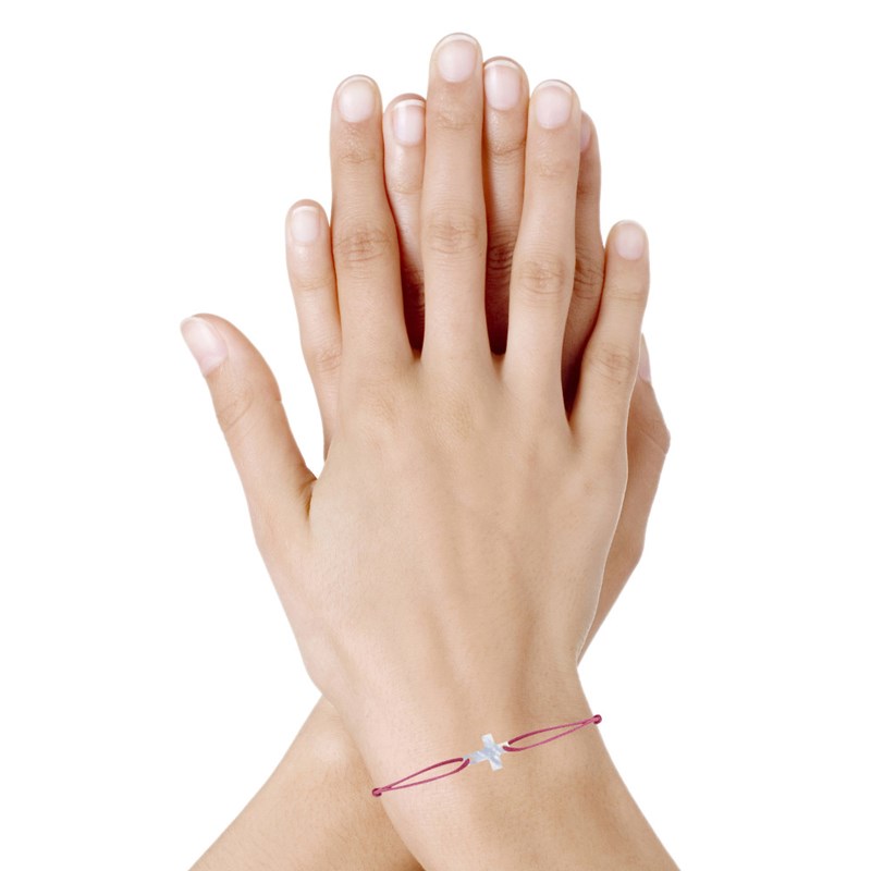 Bracelet Lien Petite Croix en Nacre - Fuchsia