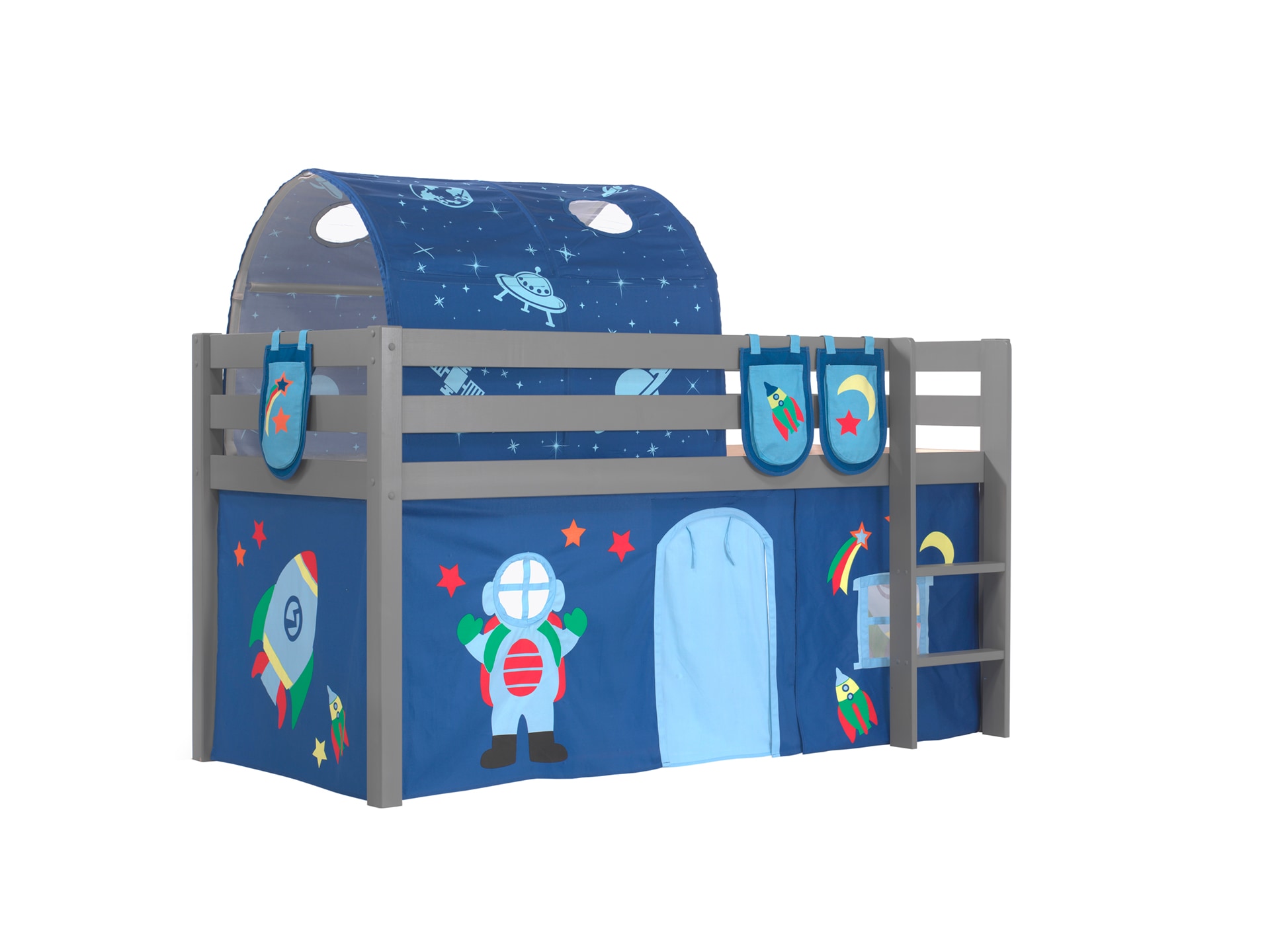 Spielbett Pino mit Textilset Vorhang, Tunnel und 3 Taschen versch. Designs