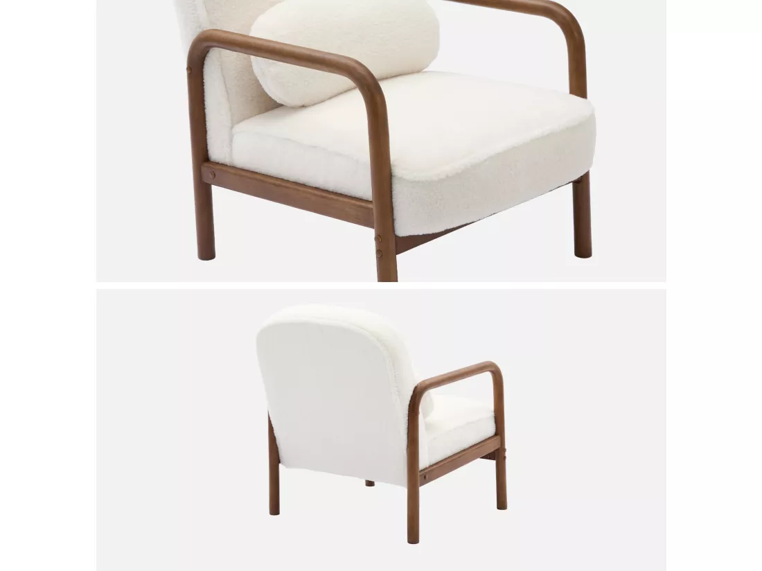 Fauteuil scandinave bois d'hévéa teinté noyer clair et tissu fausse fourrure