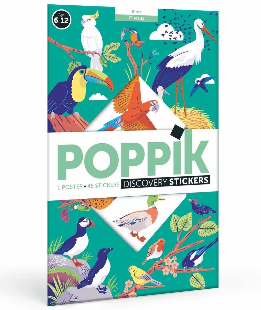 POPPIKPOSTER ÉDUCATIF AVEC 64 STICKERS UNIVERS OISEAUX