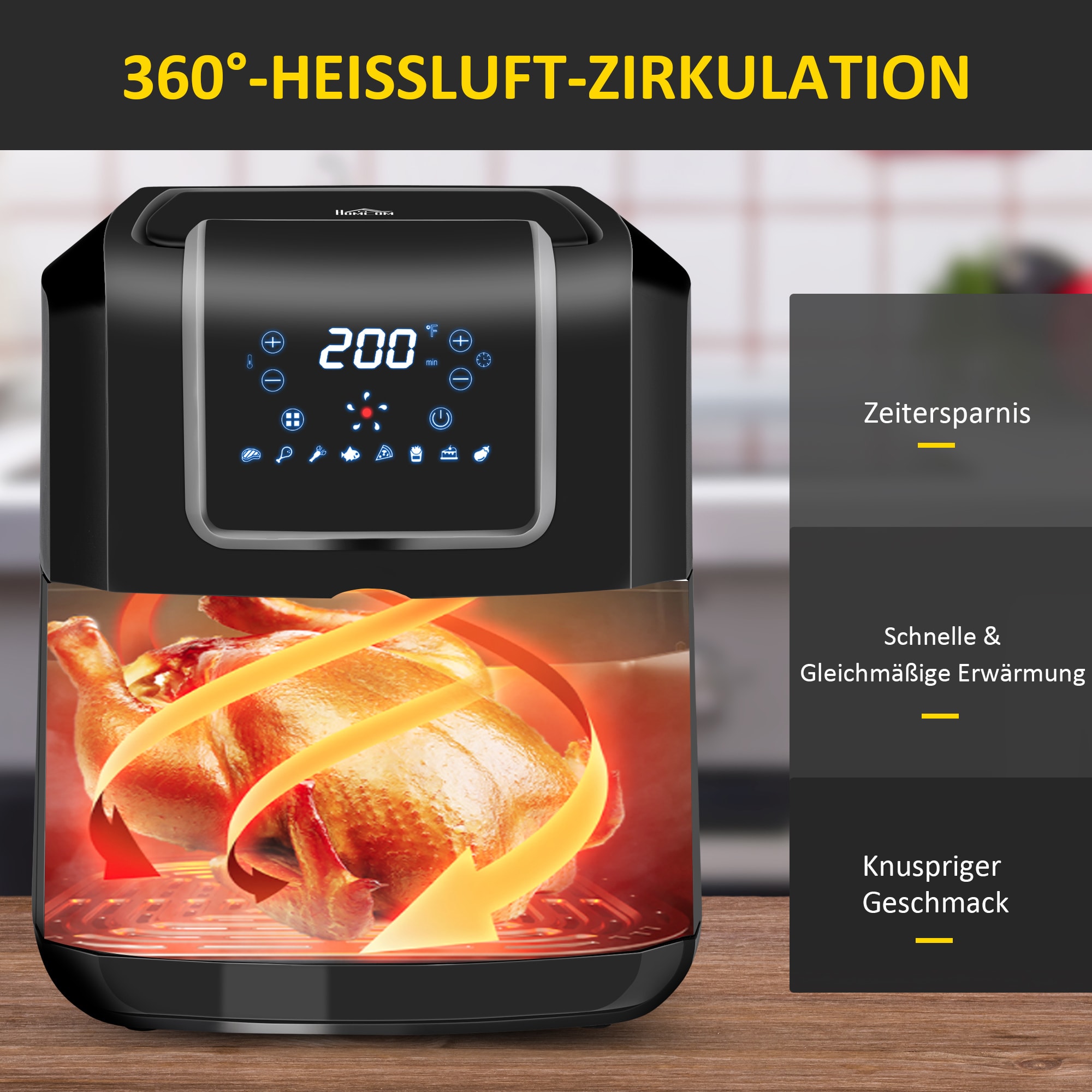 HOMCOM Heißluftfritteuse mit Überhitzungsschutz & mit LED-Anzeige schwarz 36,5L x 29B x 33,8H cm