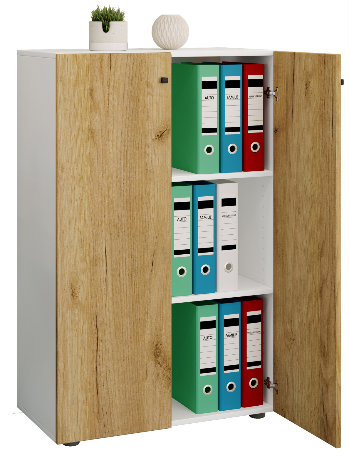 Büroschrank LONA XL - Honig Eiche - weiß - mit Drehtüren - 110 cm hoch
